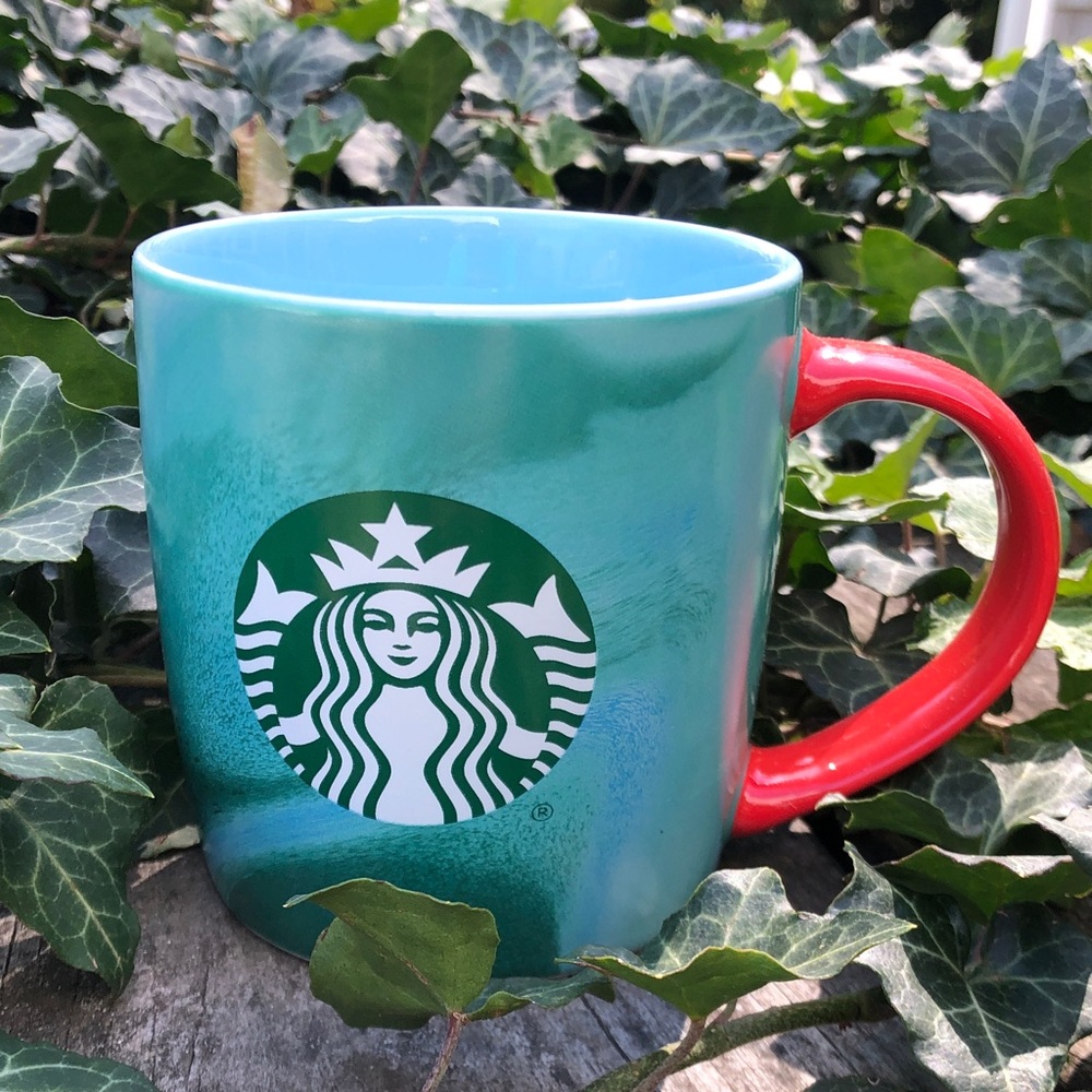 Starbucks Aqua Mug with Vibrant Red Handle